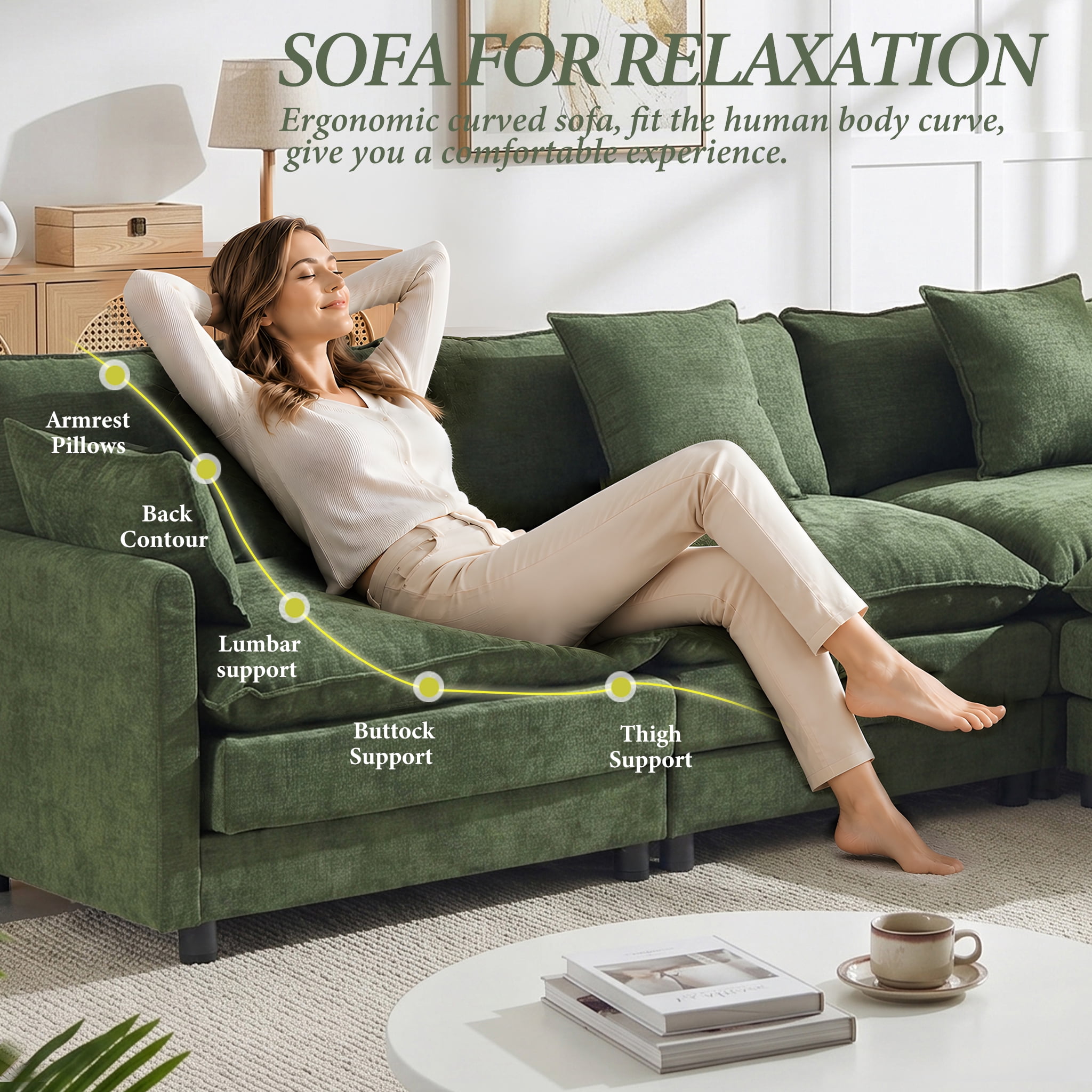AISWORD 120" L Shaped Modular Sectional Sofa, Cloud Couch with Movable Ottoman, 4 Seat Chenille Deep Seat Sofa with Throw Pillows for Living Room, Green