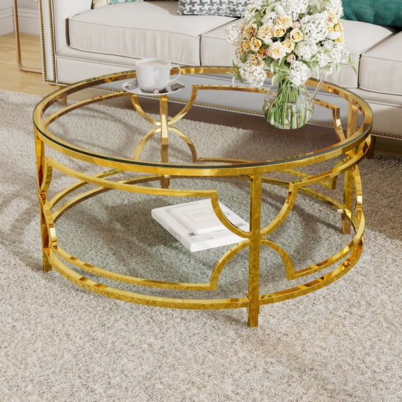 Modern Round Tempered Glass Coffee Table, Glossy Center Table With Storage Shelf and Gold Metal Frame For Living Room Office Apartment