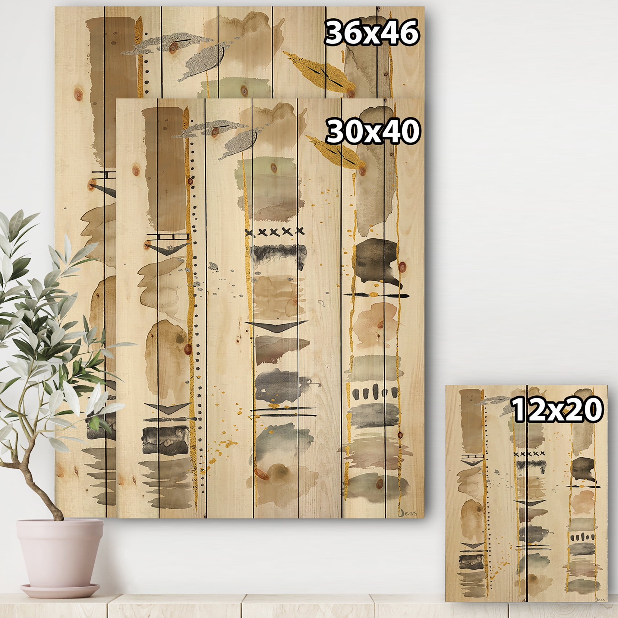 Designart 'Abstract Gold Birch Trees I' Modern & Transitional Print on Natural Pine Wood