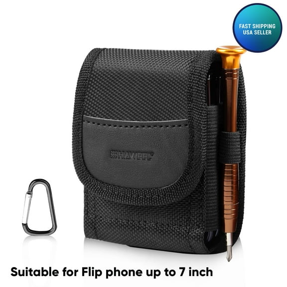 Universal Vertical Nylon Cell Phone Holster Case with Dual Credit Card Slots, Belt Clip Pouch and Belt Loop for All Flip phones Size 7" [Black]