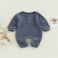 thumbnail image 2 of Toddler Baby Rompers Solid Color Knit Casual Button Crew Neck Long Sleeve Jumpsuit for Newborn Girl Boy, 2 of 8