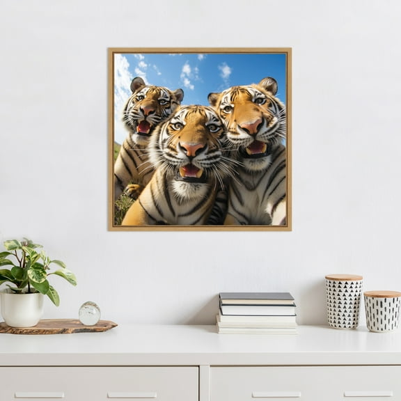 Kate and Laurel Sylvie Funny Animal Tiger Selfie Framed Canvas Wall Art by The Creative Bunch Studio, 22x22 Natural, Funny Cute Animal Art for Wall