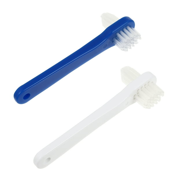 FELTECHELECTR 2 cepillos de dientes de doble cabezal para dentaduras postizas en forma de T, herramientas de limpieza (blanco y azul)