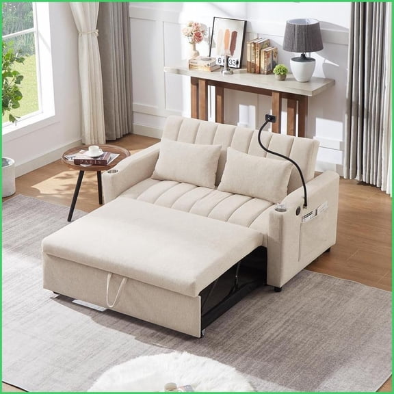 55.9” Beige Convertible Loveseat Sofa Bed | Bella Fabric | USB Ports, Cup Holders & Phone Holder for Living Room