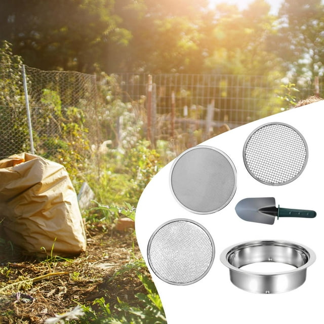 Juego de tamices de tierra con mallas de tamiz. Tamices de tierra de malla. Tamices de jardín para jardinería y cribado de plantas. Pala verde de 3 mallas