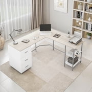 Techni Mobili L-Shape Home Office Desk with Storage, Sand RTA-739DL-SND