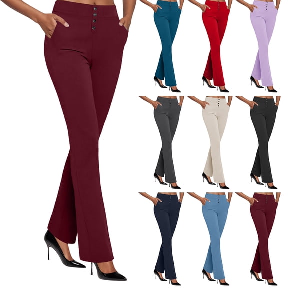 felwors Women's High-Waisted Flare Pants with Button Front Pockets Stretchy Dress Trousers for Work Office and Everyday Style（Light Blue， XXL）