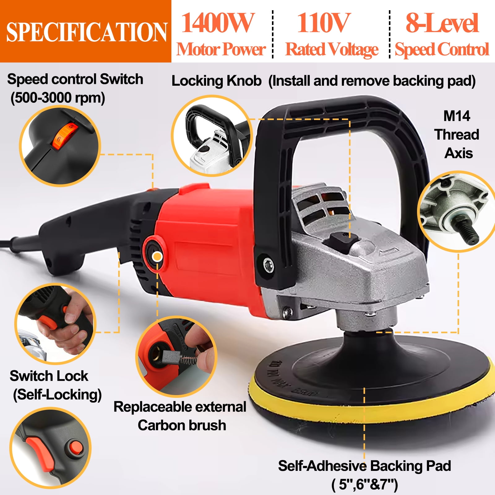 iMeshbean 8-Speed Variable Speed Polisher Rotary Orbital Soft Start Constant Power and Speed for Car Polishing Buffing Waxing Sanding Sealing Glaze 5&6&7-Inch 1400W 12.7Amp
