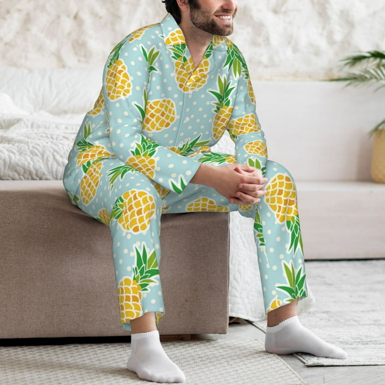 Mens Pajamas Set Cute Golden Yellow Pineapple Soft Button Down Pajamas for Men Long Sleeve Mens Sleepwear Lounge Pjs Set Walmart