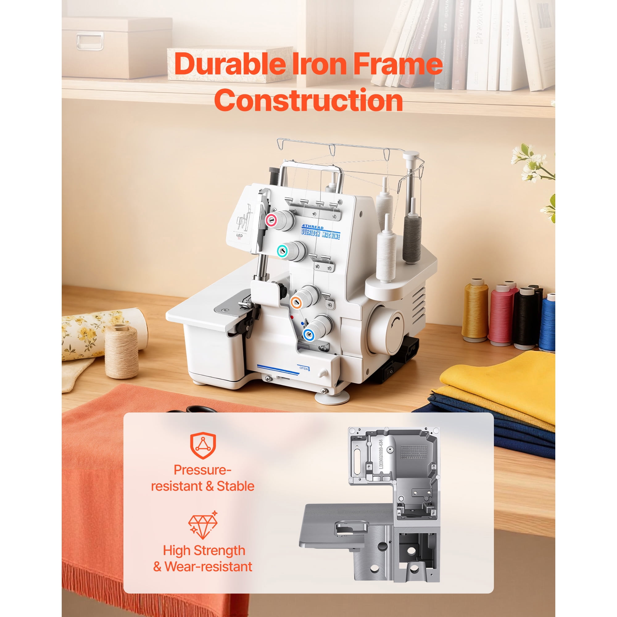 KFFKFF Serger Overlock Sewing Machine, 1250 Stitches Per Minute, 3 and 4 Thread Options, Equipped with LED Light and Stable Suction Feet, Durable Metal Frame Sewing Machine for Different Fabrics
