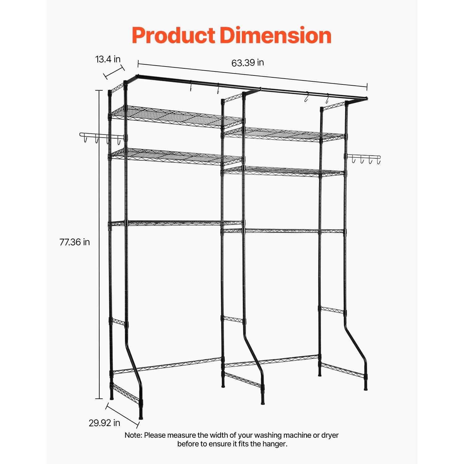 KFFKFF Over Washer and Dryer Storage Rack, 63" Clothes Rack with Adjustable Shelves, 330lb Capacity, Ideal for Laundry Storage & Arrangement, Black