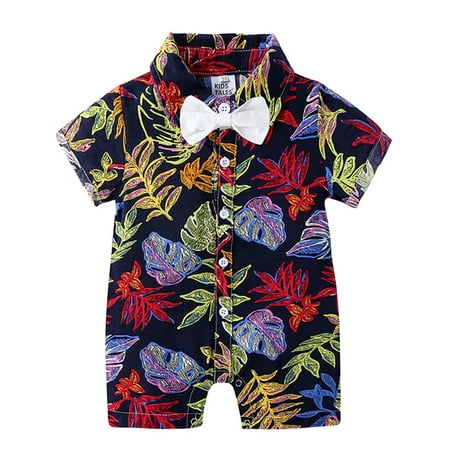 

Pudcoco Baby Boys Romper Leaf Print Turn-Down Collar Short Sleeve Bodysuit