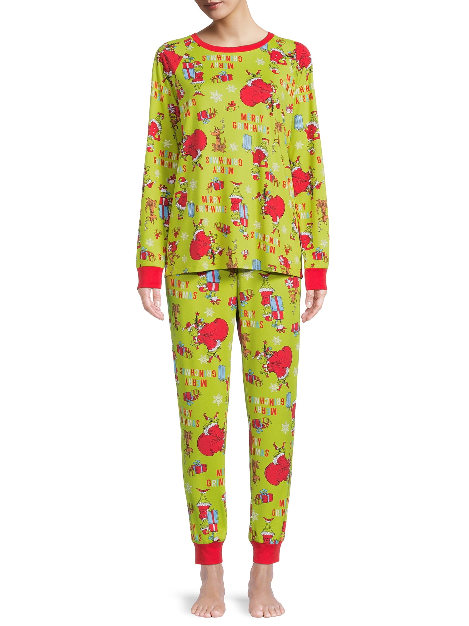 Dr. Seuss Grinch Matching Family Sleepwear Women's & Women's Plus Long Sleeve Top and Pants, 2-Piece Pajama Set