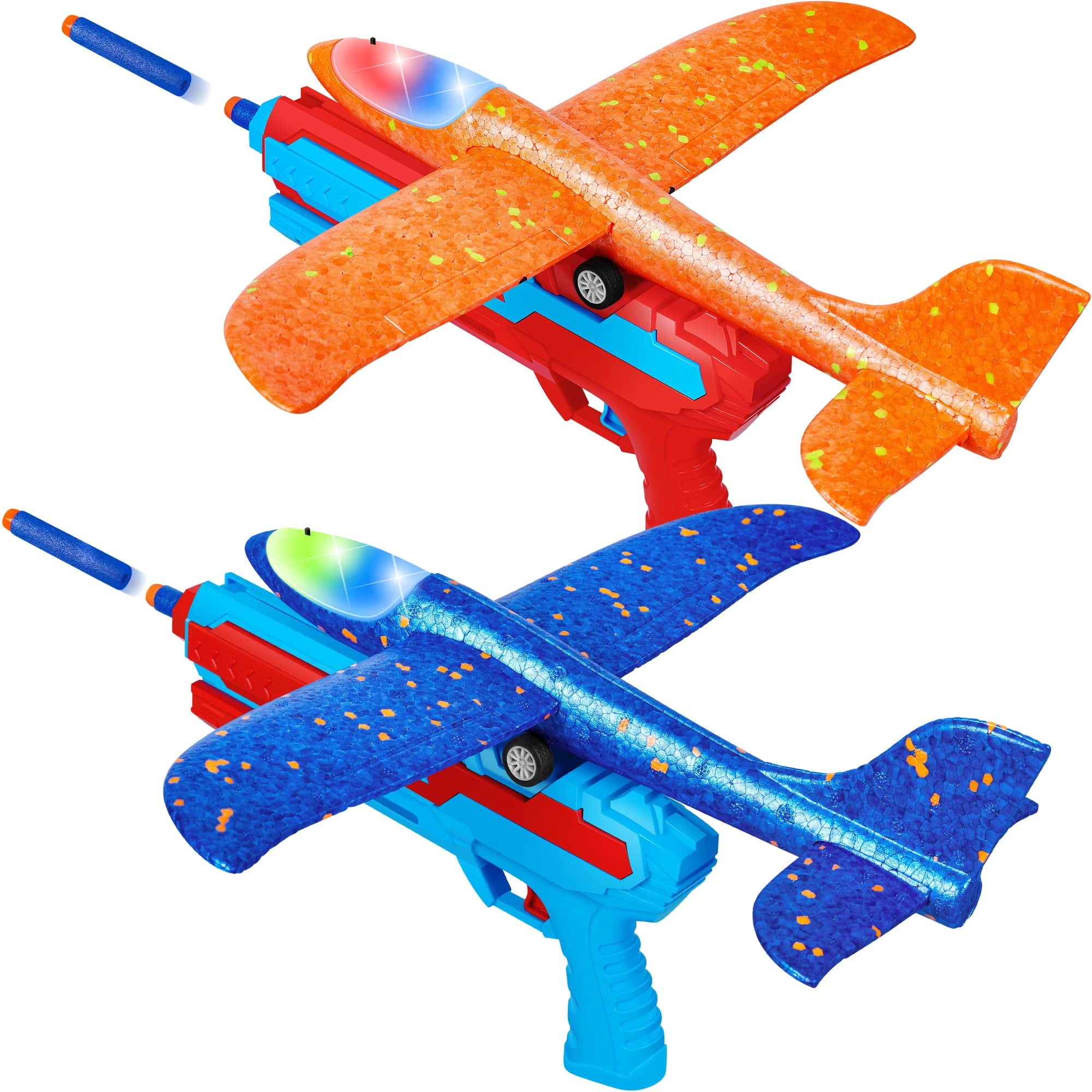 2 Pack Airplane Toys with Launcher, 2 Flight Modes LED Foam Glider Catapult Plane Toy, Outdoor Flying Toy for Kids, Gifts for 3 4 5 6 7 8 9 Years Old Boys Girls, Airplane Birthday Party Supplies