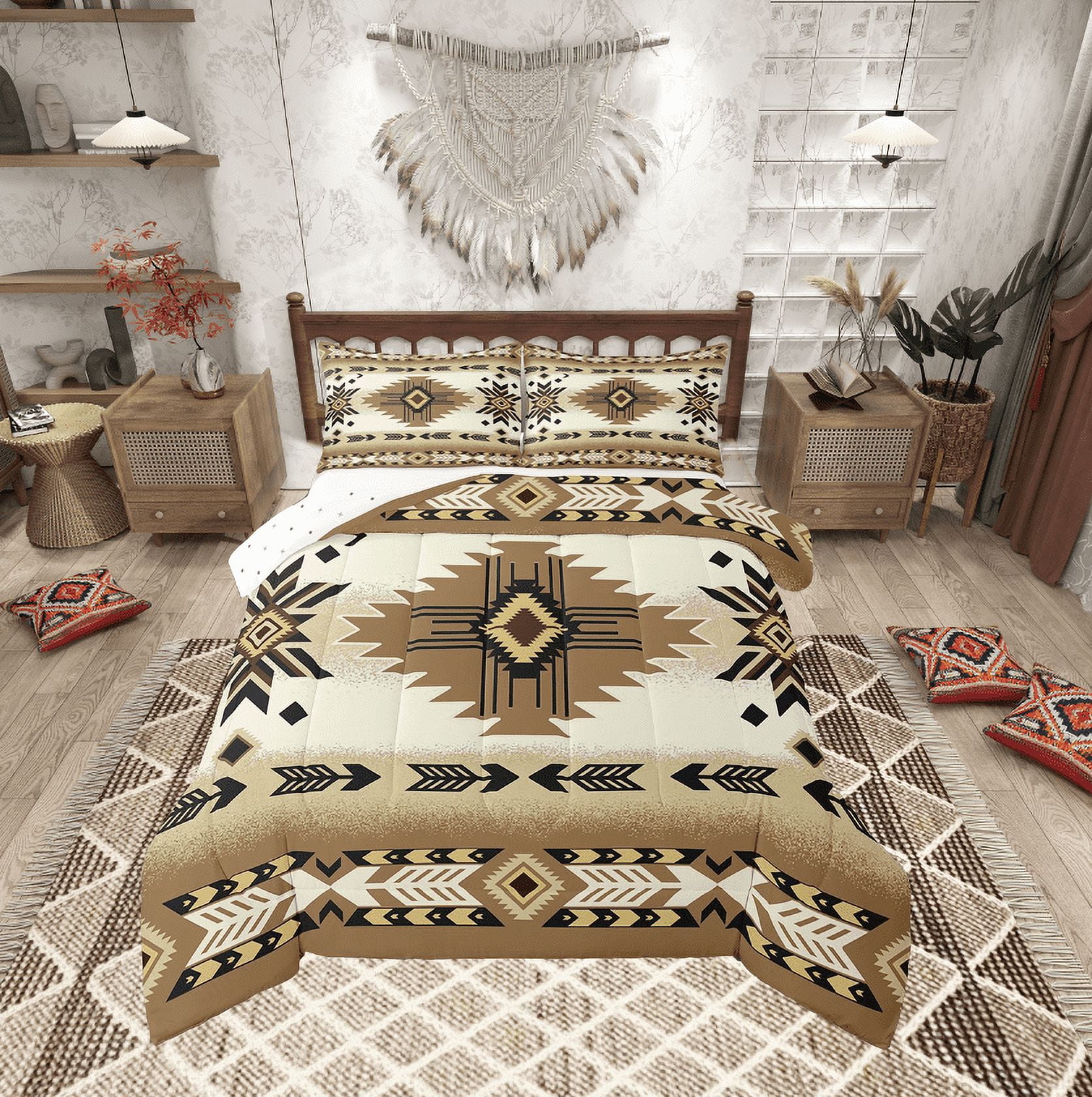 Erosebridal Boho Bohemian Bedding King Comforter Set,Brown Wheat Bedding Sets King with Comforter,Ultra Soft Reversible Comforter Sets King Size,Aztec Decor,3pcs