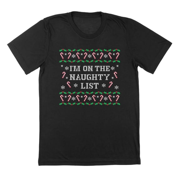 Naughty List Holiday Christmas Graphic Black Mens Cotton T-Shirt