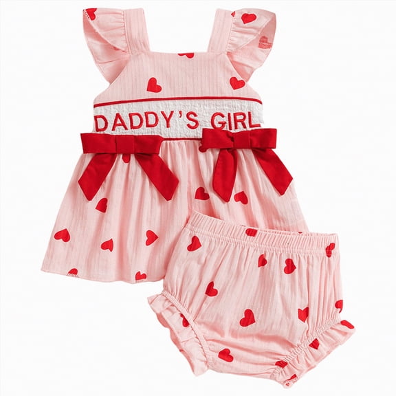 CAICJ98 Infant Baby Girl Valentines Day Outfits Ruffle Sleeve Heart Tank Tops Shorts Set Newborn Spring Summer Clothes (Pink,6-9 Months)
