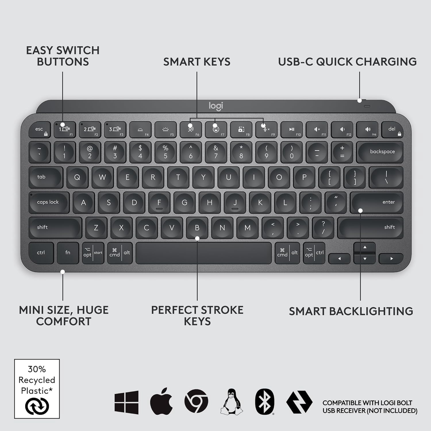 Logitech, 920-010388, Computer Keyboards, MX Keys Mini Minimalist Wireless Illuminated Keyboard, Gray