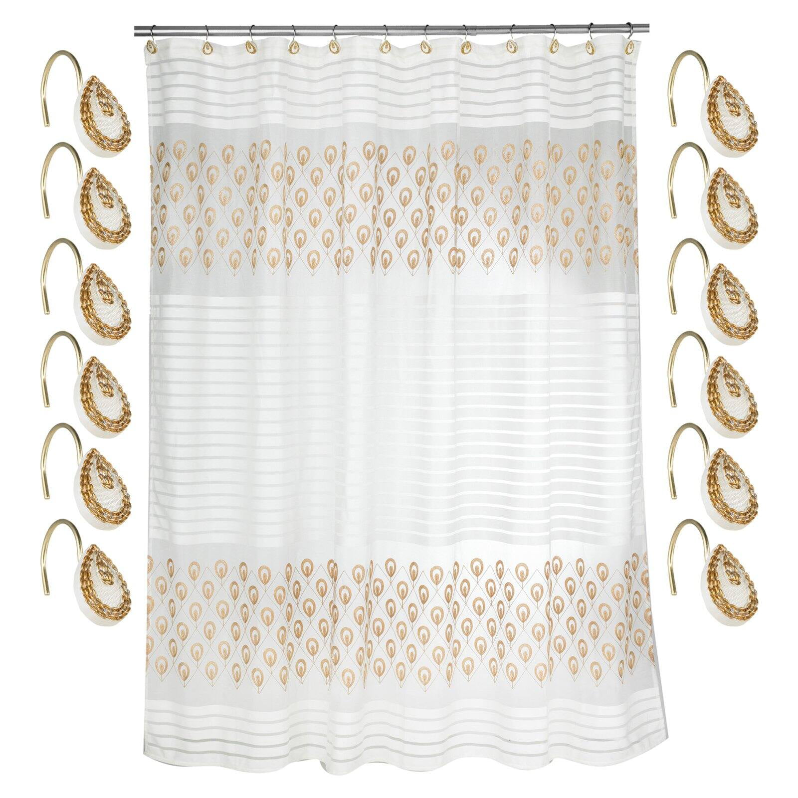 Beige/Gold Popular Bath Seraphina Bathroom Shower Curtain and Hooks Set 