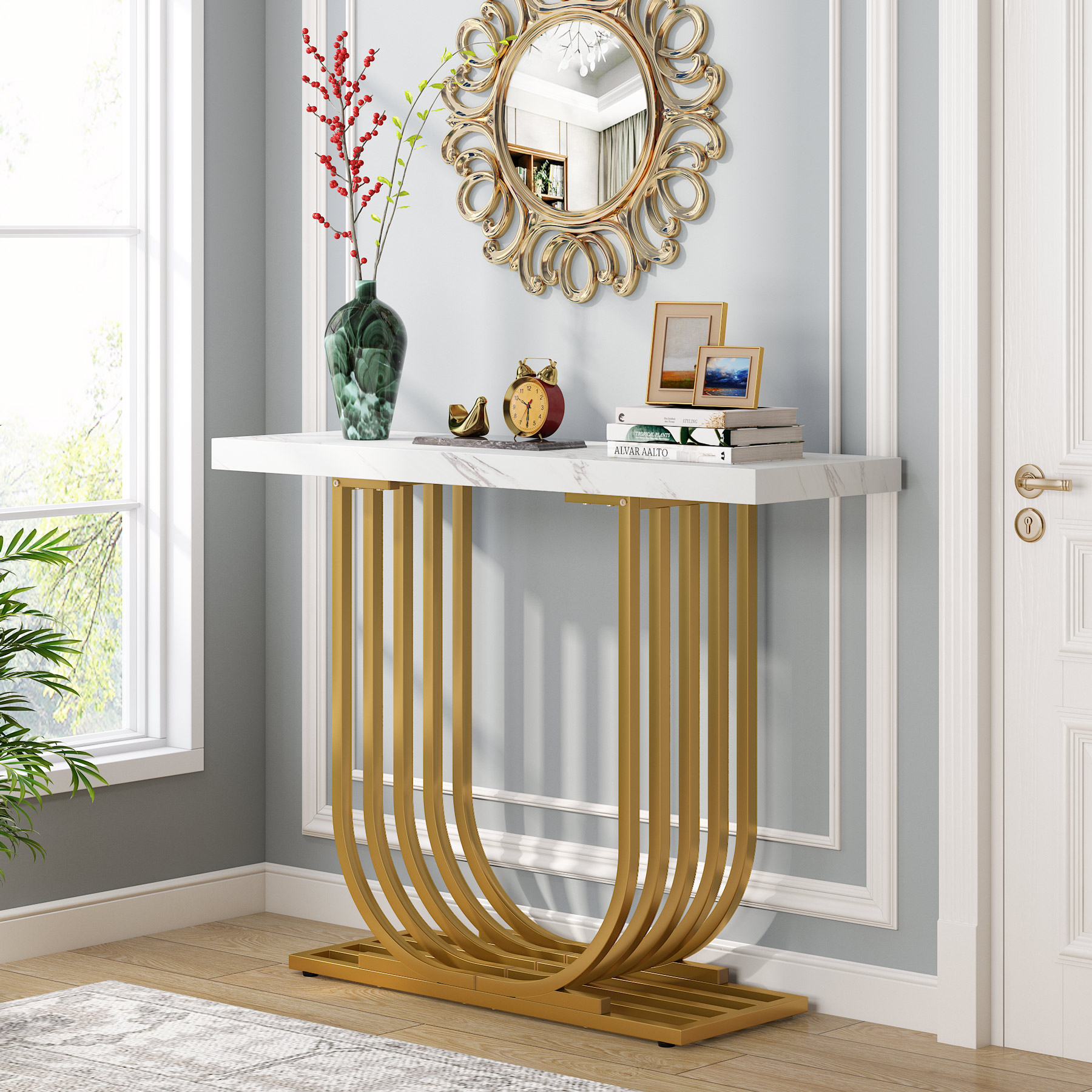 Tribesigns Modern Console Table, 40 Inch Modern Faux Marble Entryway Table with Gold Base, Narrow Accent Sofa Table with Geometric Metal Legs for Living Room, Hallway, Entrance, White & Gold - image 2 of 5