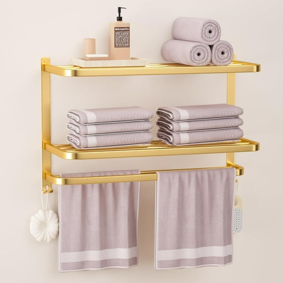 3-Tier Gold Towel Racks for Bathroom with Towel Bars Multilayer Hotel Towel Shelf Stainless Steel Wall-Mounted Brushed Finish Holder with Towel Shelves 23 Inches