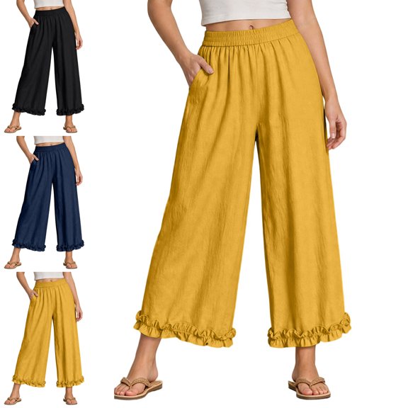 MLCDZ Womens Wide Leg Capris Pants Plus Size Casual High Waisted Ruffle Hem Loose Fit Capris with Pockets Summer Hawaiian Beach Vacation Cropped Pants