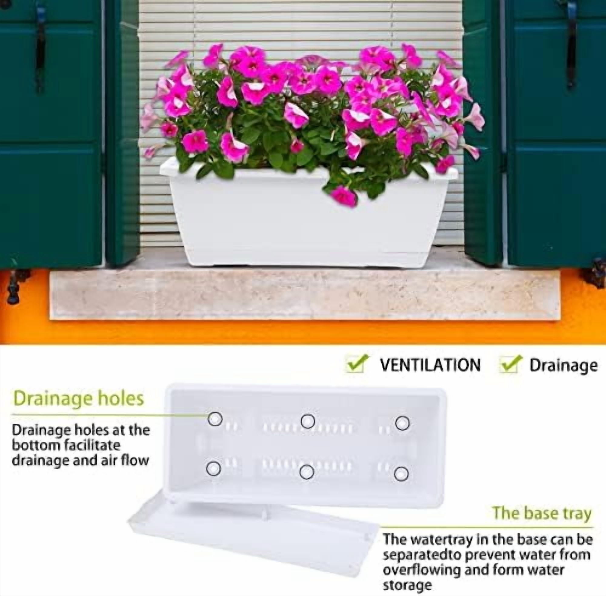 Window Box Planter, 7 Pack Plastic Vegetable Flower Planters Boxes 17 Inches Rectangular Flower Pots with Saucers for Indoor Outdoor Garden, Patio, Home Decor (White)