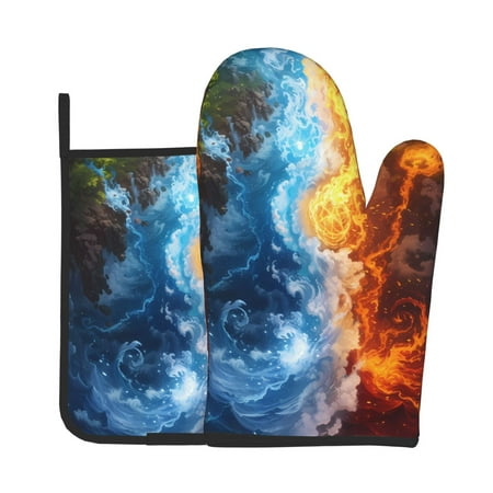 

Zeuib Red And Blue Flame Waves Print Oven Mitt & Pot Holder Set 2-Pack Kitchen Gloves and Hot Pads for Cooking BBQ Grilling Baking