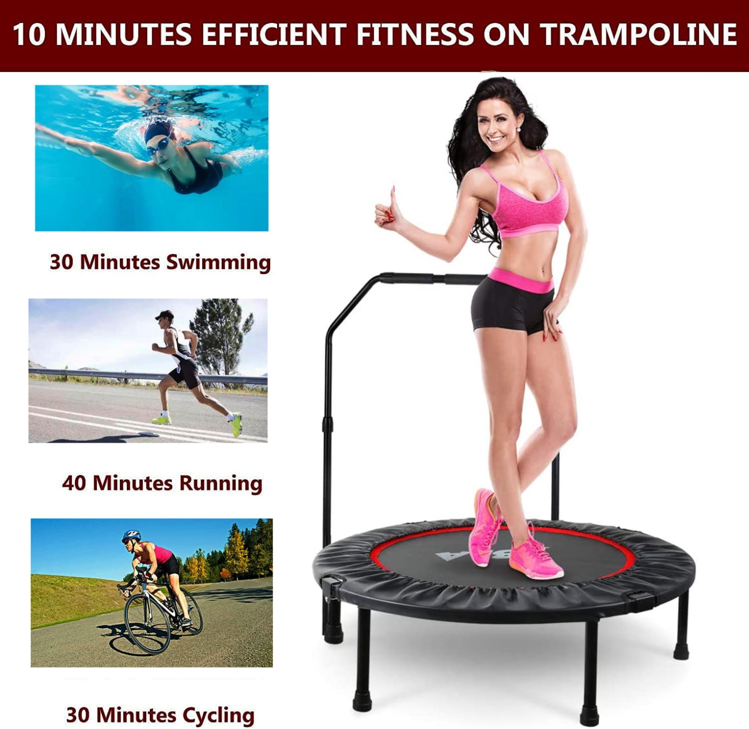 40" Mini Trampoline Max Load 300lbs, Fitness Rebounder with Adjustable Height Metal Handle, Exercise Trampoline for Adults Indoor/Garden Workout
