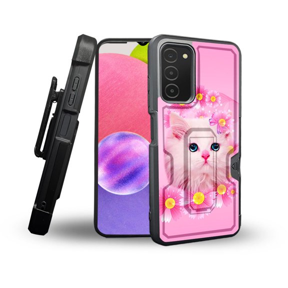 ANJ  Rugged Shockproof Holster Case Card Slot Kickstand   Tempered Glass Cover for Samsung Galaxy A03s - Pink Kitty