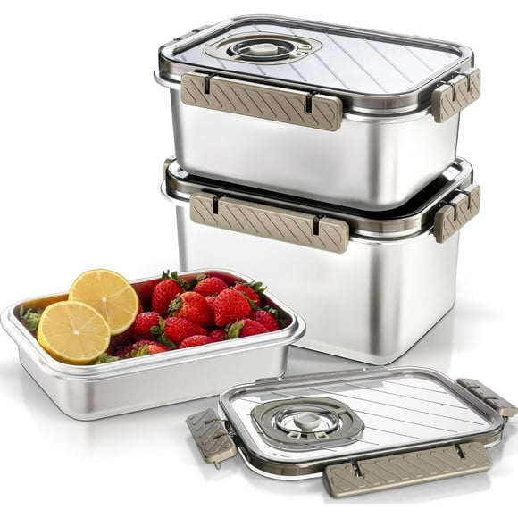 Food Storage Containers with Lids Airtight Meal Prep Container Stackable Stainless Steel Containers-Reusable & Leak Proof Timer Dial Leftover Lunch Boxes -Dishwasher/Freezer Safe(50+40+23OZ)