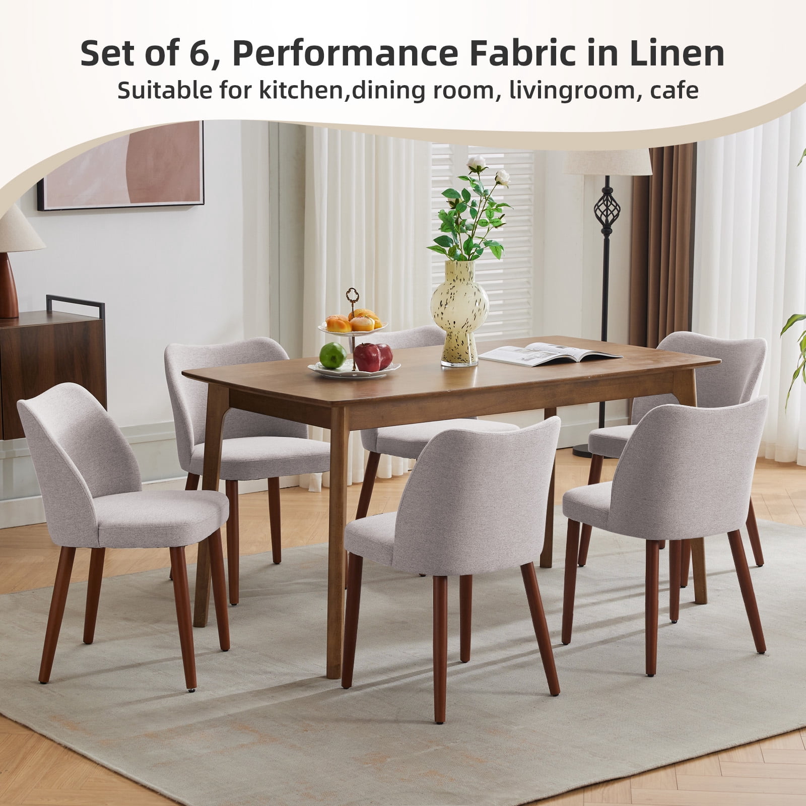 OUTGOODS Set of 2 Modern Dining Chairs, Linen Upholstered, Wood Legs