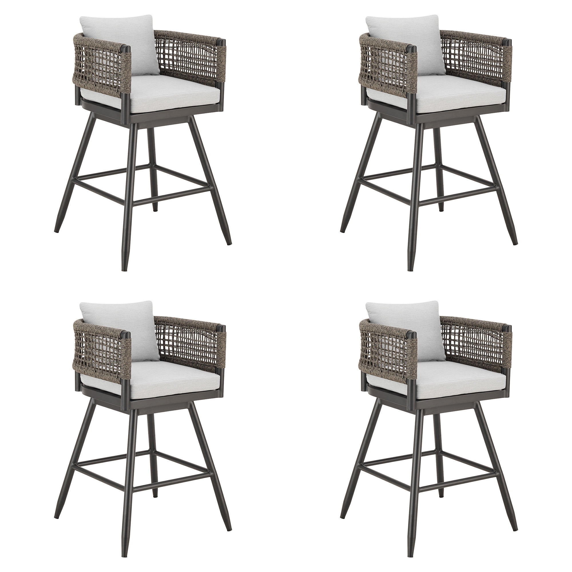 Alegria Outdoor Patio Swivel Bar Stool in Aluminum with Gray Rope and Light Gray Cushions - Set of 4
