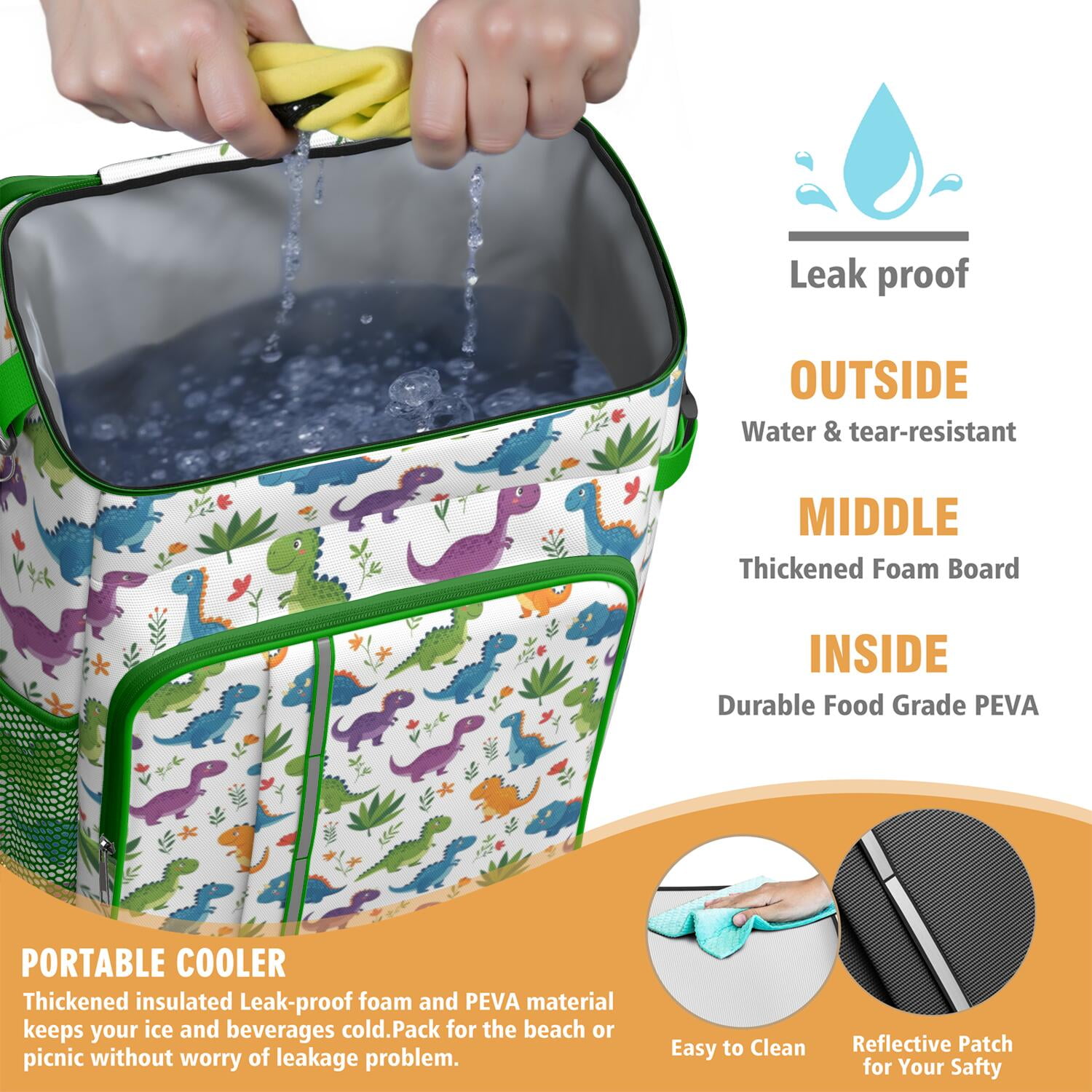 Travel Cooler Bag - White Floral Dinosaurs Pattern Camping Beer Cooler Backpack with Bottle Opener- Waterproof Insulated Picnic Backpacks - Cooler Bag for Beach