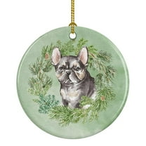French Bulldog Puppy Black Christmas Wreath Ceramic Ornament 2.8 in x 2.8 in