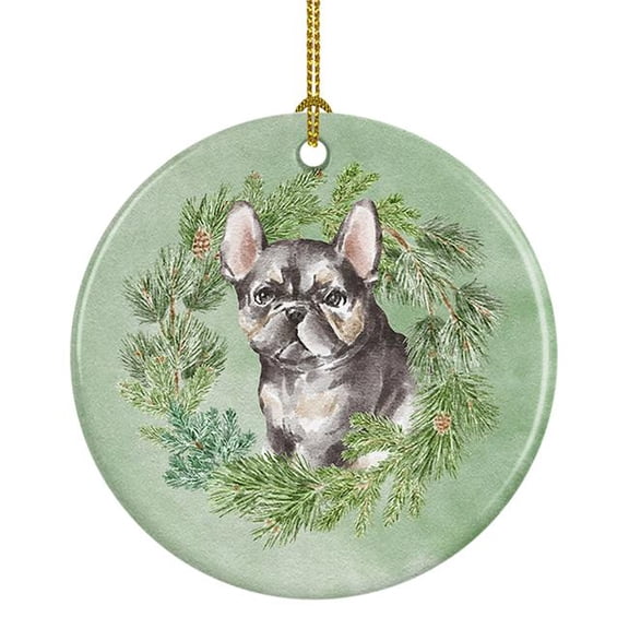 French Bulldog Puppy Black Christmas Wreath Ceramic Ornament 2.8 in x 2.8 in