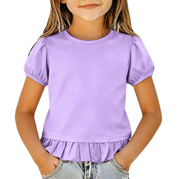 Girls Puff Short Sleeve T Shirts Kids Summer Casual Clothes Ruffl𝐞 𝐇em Base Layer Tops Teen Crewneck Loose Fit Workout Tee