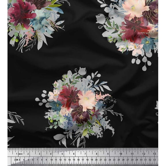 Soimoi Black Cotton Duck Fabric Leaves & Peony Floral Print Print Fabric By the Yard 44 Inch Wide
