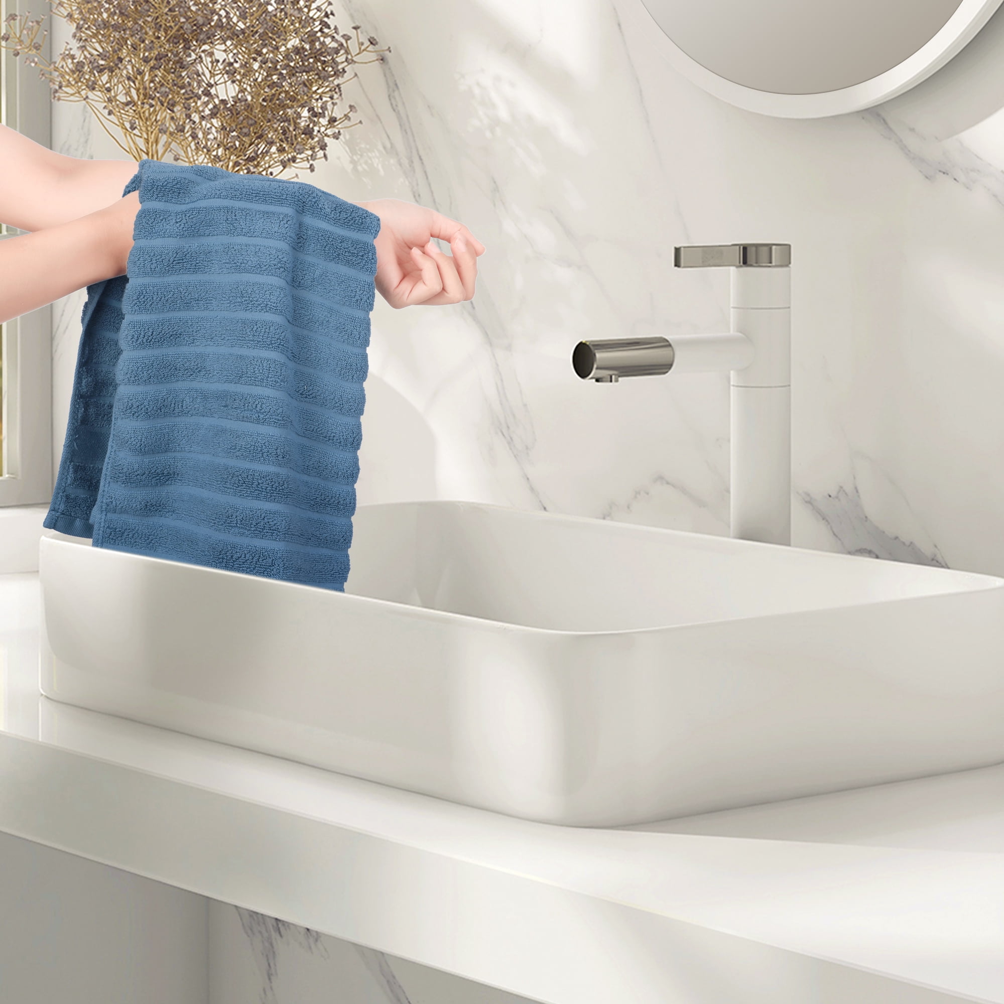 Unique Bargains Cotton Hand Towels Striped Pattern Decorative Towel Blue White 14" x 30"