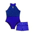 thumbnail image 5 of TiaoBug Kids Girls Shiny Sequins Dance Costume Halter Neck Leotard Metallic High Waist Shorts 2Pcs Sets Hip Hop Jazz Dancewear Royal Blue 10, 5 of 7