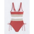 thumbnail image 4 of Women Tummy Control Swimsuits Color Block Two Piece Drawstring Bathing Suit Brick Red S, 4 of 7