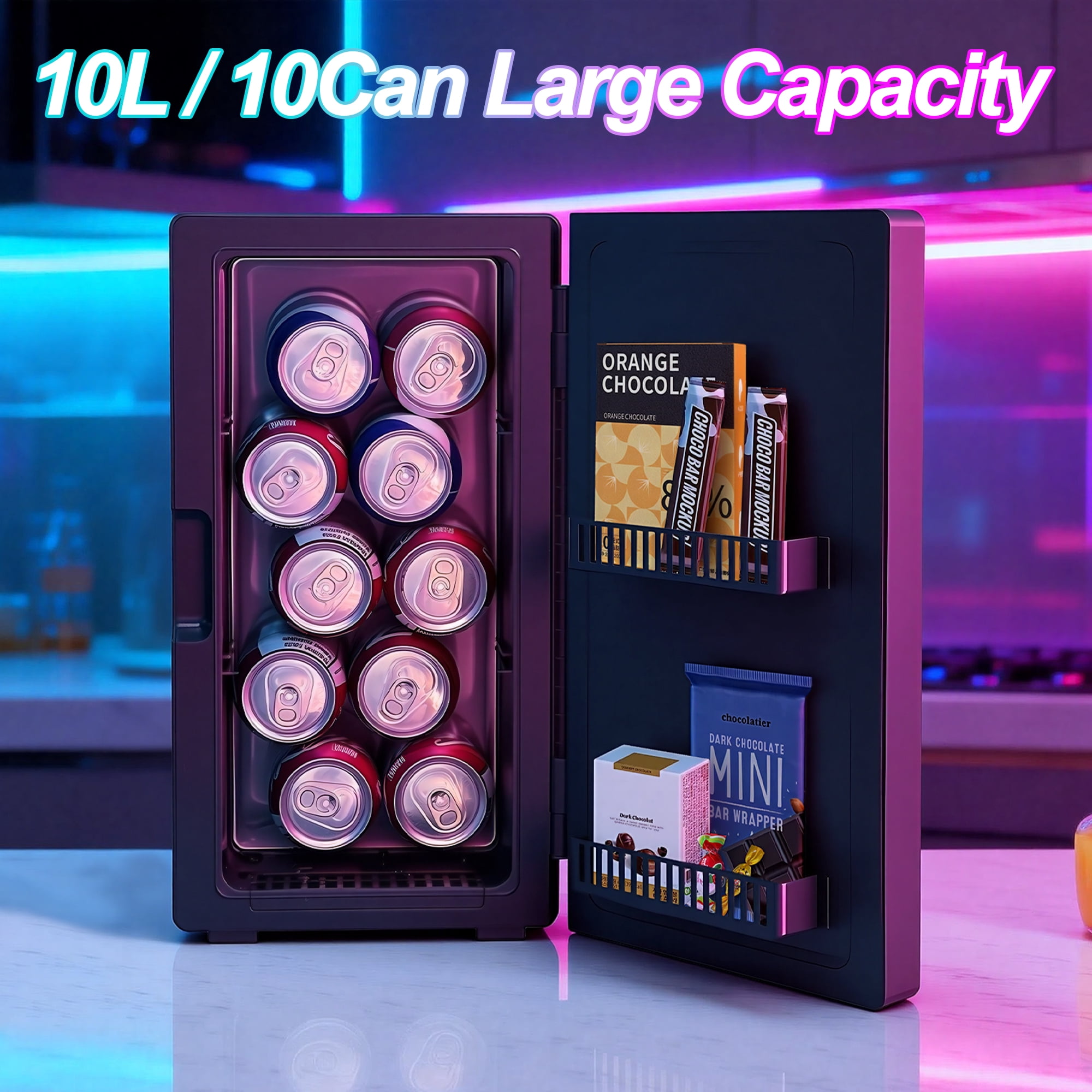 10L Gaming Light Portable Refrigerator & Wine Cooler - 9 Light Modes, Removable Shelf