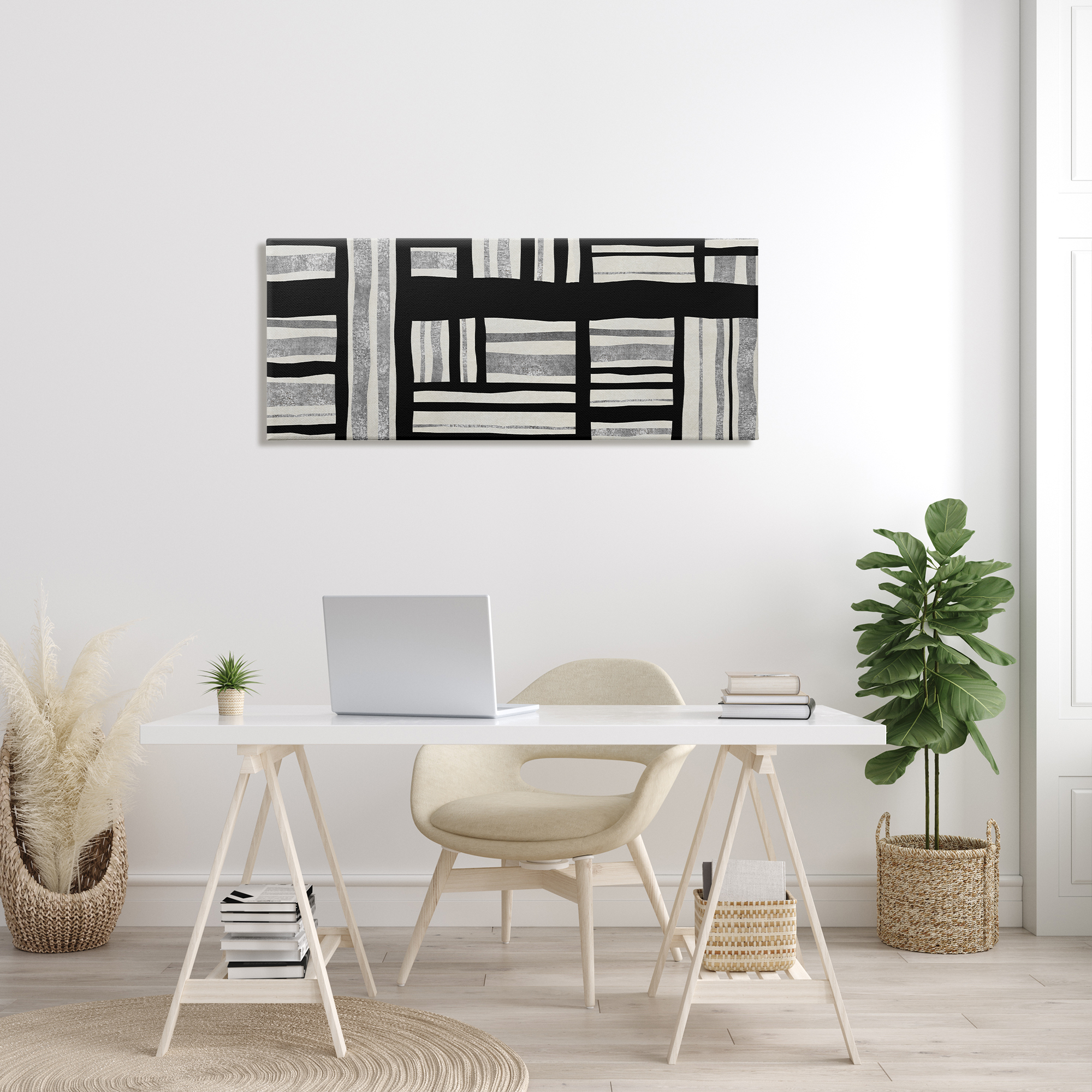 Stupell Industries Abstract Patchwork Perpendicular Quilted Lines Black Grey, 20 x 48, Designed by Ellie Roberts