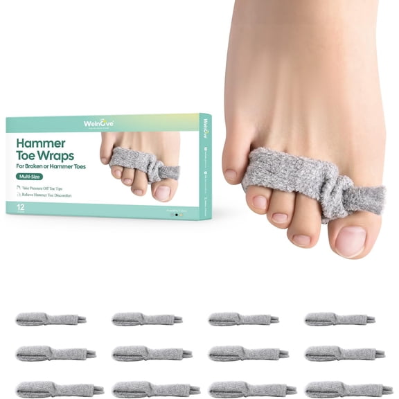 Welnove Adjustable Hammer Toe Wraps - 12 Pack Hammer Toe Straightener & Corrector, Toe Splints for Crooked, Curled & Bent Toes, Multi-Size, Gray