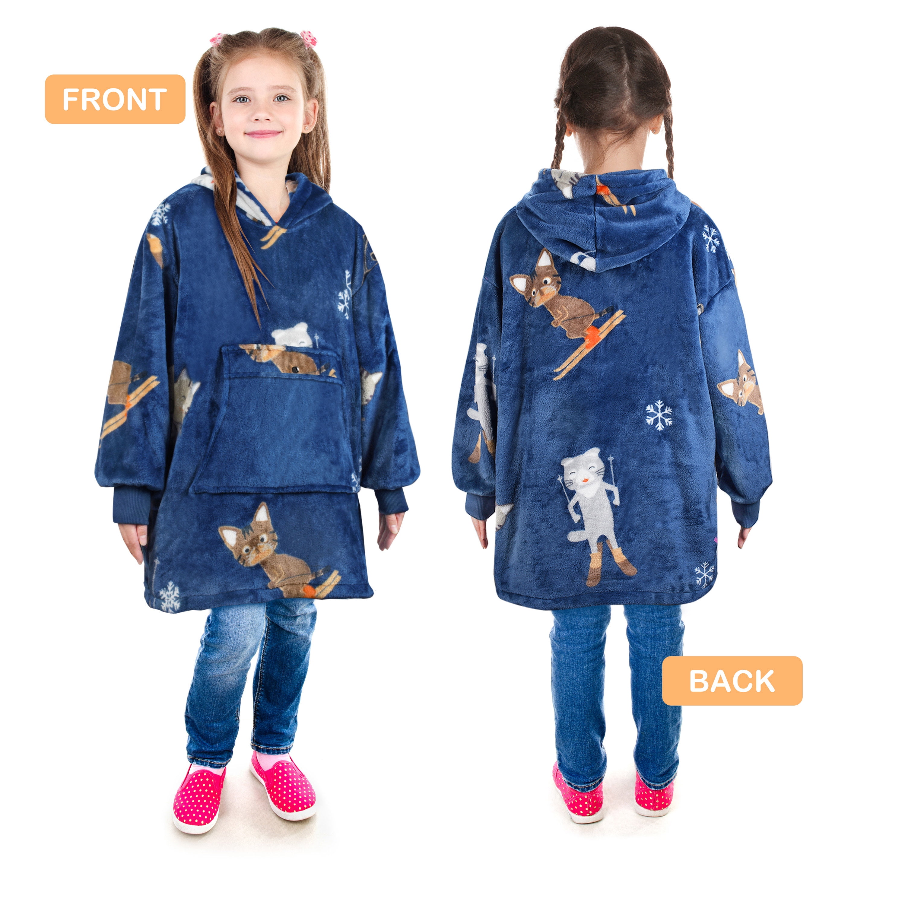 Catalonia Ski Cat Wearable Blanket Hoodie for Kids, Fleece Snuggy Sweatshirt Pullover, 4-12 Years Boy Girl Gift, 28 × 24 inches