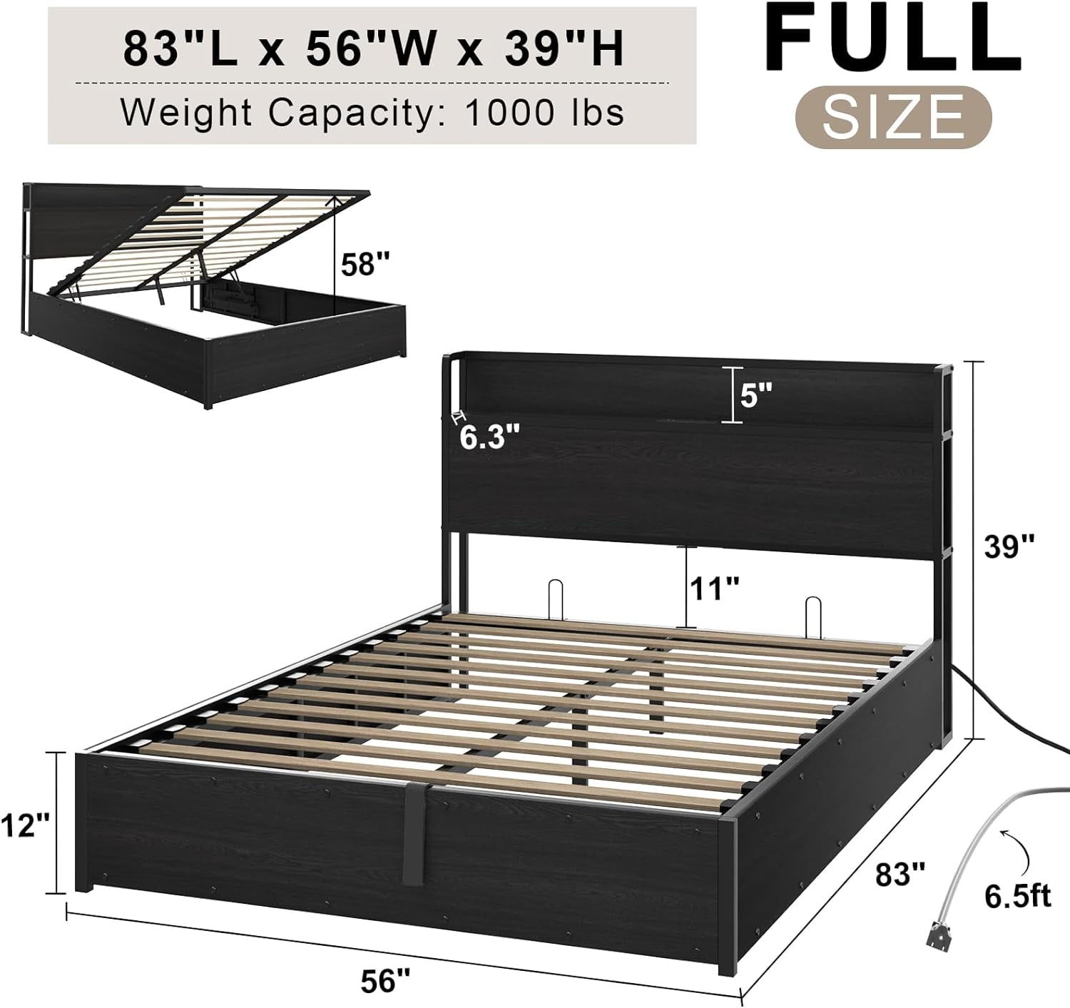 VanAcc Full Size Lift up Storage Bed Frame, Wooden Platform Bed Frame with Lifting Storage & Charging Station, No Spring Box Needed/Noise Free, Black