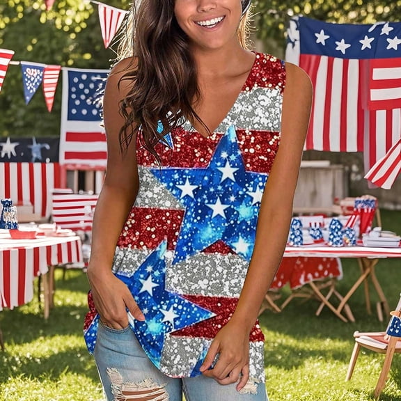 Aboser 4th of July Holiday Tank Tops for Women 2026 Trendy Stars and Stripes Print Shirts Memorial Day Patriotic Top Summer Casual Sleeveless Blouses Loose V Neck T Shirt