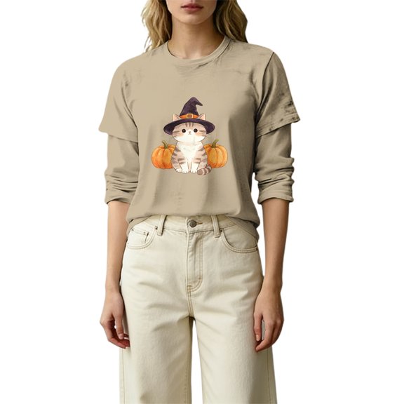 MVRLSH Womens Tops Blouse Casual Halloween Graphic Printed Comfortable Fashion Daily Wear Loose Fit Blouses Khaki - M