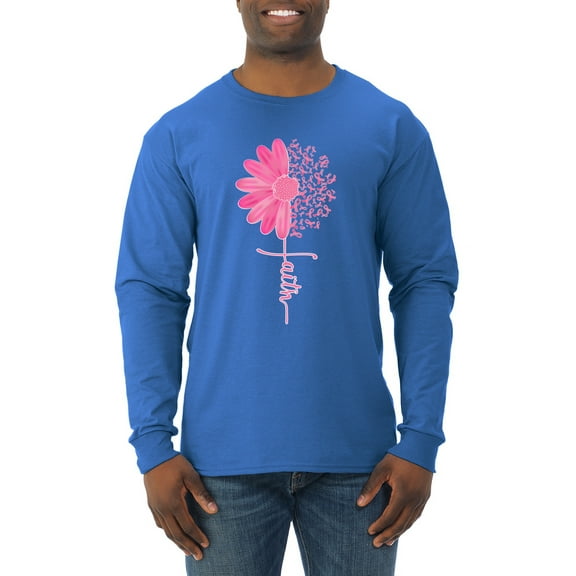 Wild Bobby, Faith Pink Ribbon Sunflower, Breast Cancer Awareness, Men Long Sleeve Shirt, Royal, X-Large