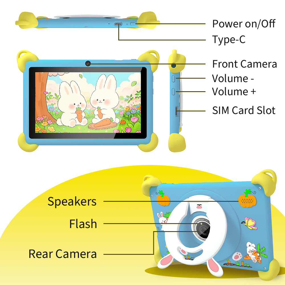 Veidoo 7-inch Android Kids Tablet, 2+32GB, Dual Cameras, Shockproof Case, Rabbit Stand Integrated Design, Detachable Shoulder Strap，Quad-Core Processor, iwawaAPP, Parental Control(Blue)
